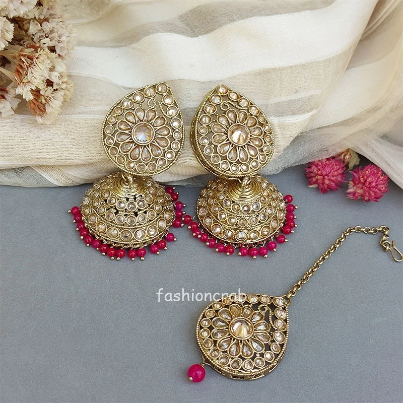 Hina Jhumka Earring and Tikka Set – Pink