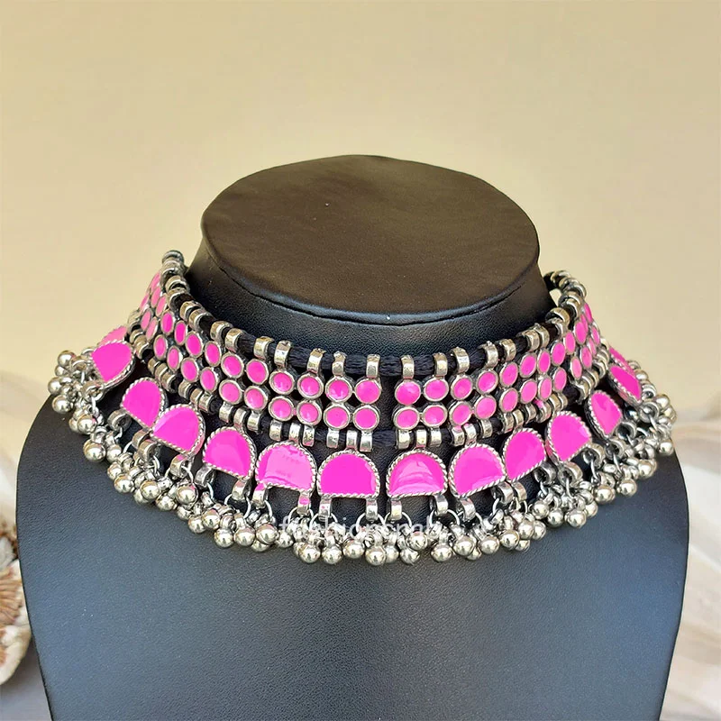 Pink Choker Necklace with Earrings for Saree