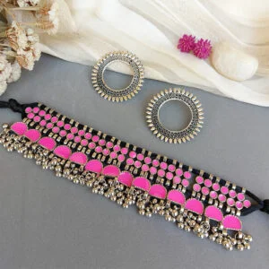 Pink Choker Necklace with Earrings for Saree