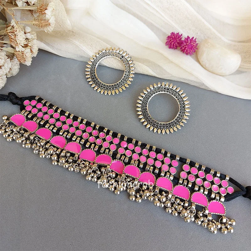 Pink Choker Necklace with Earrings for Saree