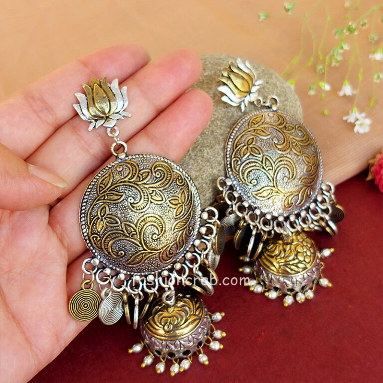 Big Dual Toned Oxidised Silver Chandbali Earrings