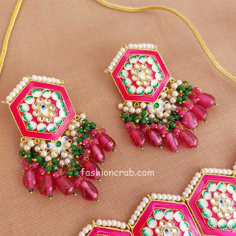 Dark Pink Colour Meenakari Choker Necklace Set for Lehenga
