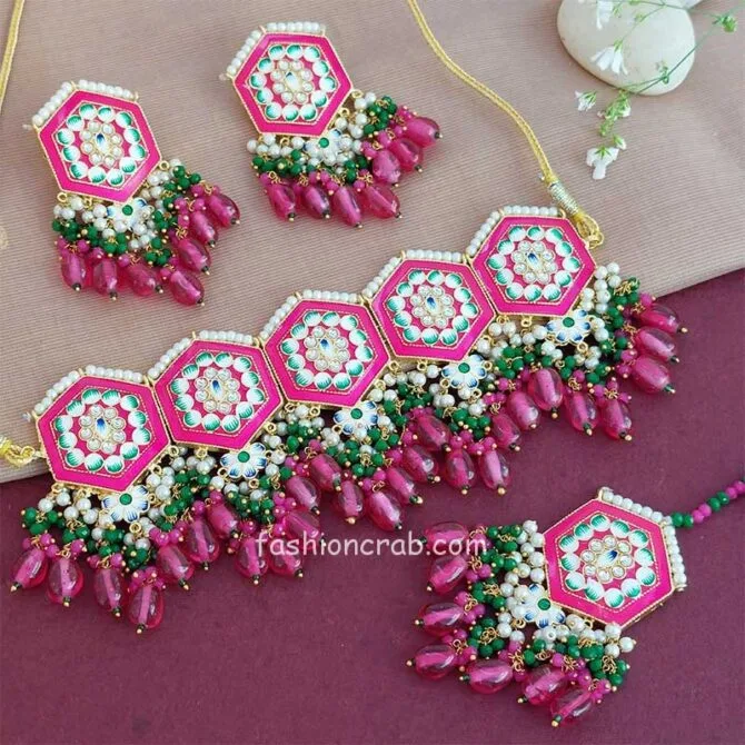 Dark Pink Colour Meenakari Choker Necklace Set for Lehenga Dark Pink Colour Meenakari Choker Necklace Set for Lehenga