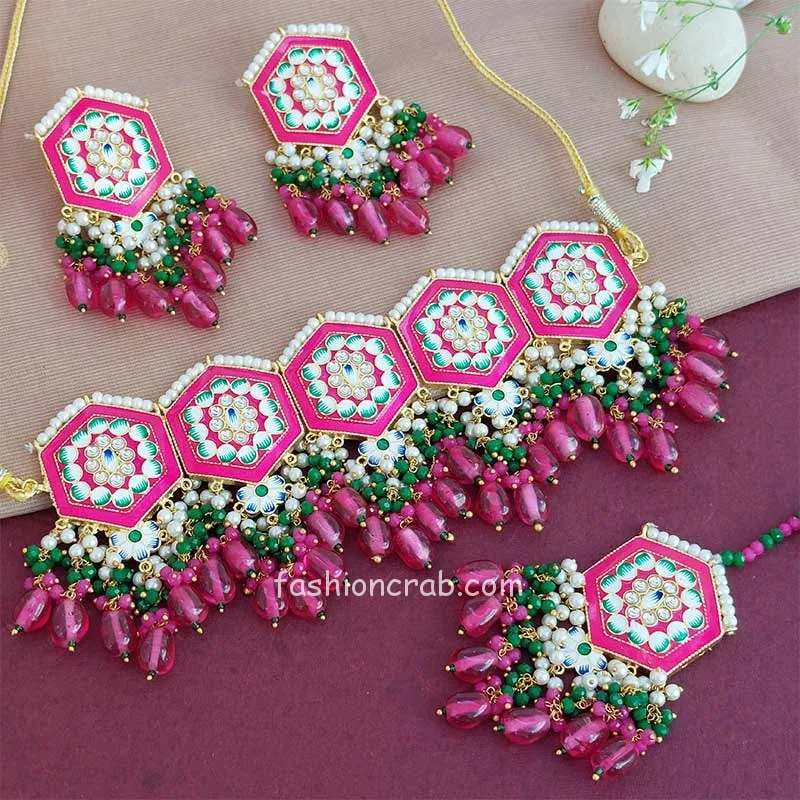 Dark Pink Colour Meenakari Choker Necklace Set for Lehenga