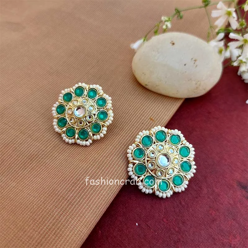 Green Kundan Pearl Studs for Women & Girls