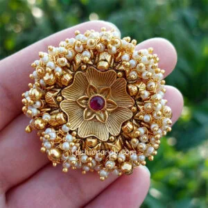 Kundan & Pearl Studded Adjustable Finger Ring For Women - Pink