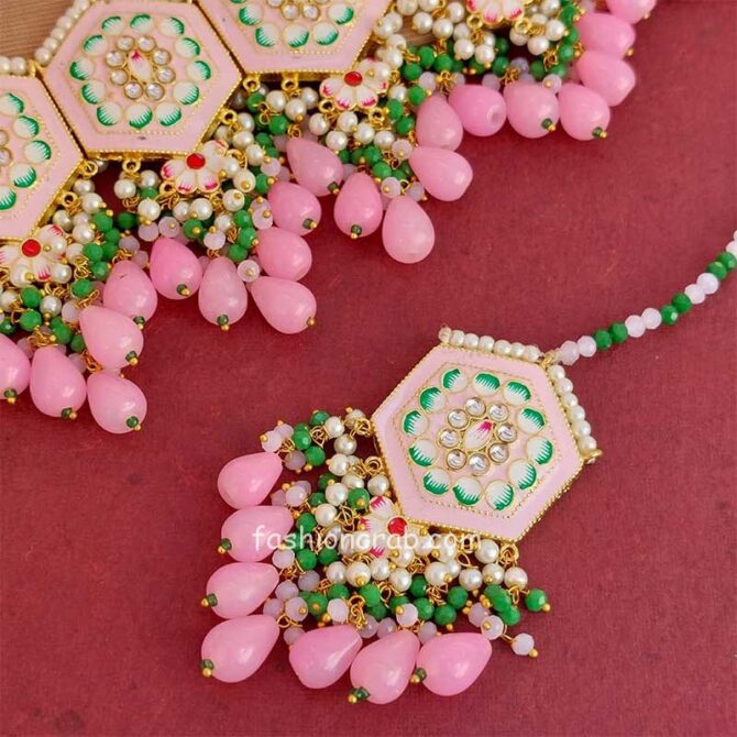 Light Pink Colour Meenakari Choker Necklace Set for Lehenga