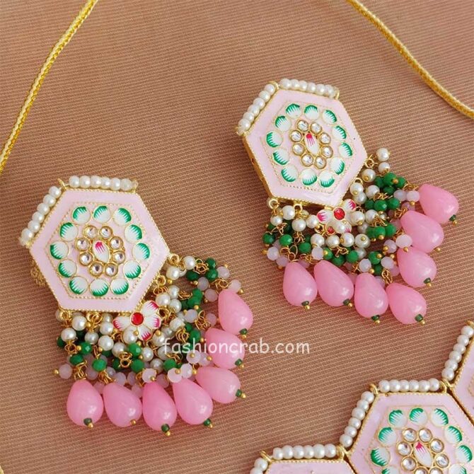 Light Pink Colour Meenakari Choker Necklace Set for Lehenga