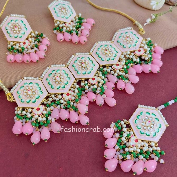 Light Pink Colour Meenakari Choker Necklace Set for Lehenga Light Pink Colour Meenakari Choker Necklace Set for Lehenga