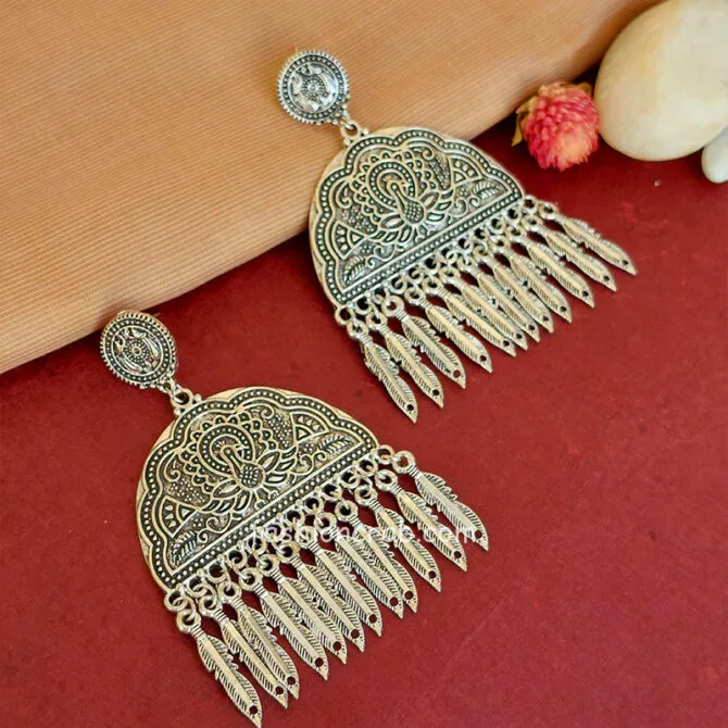 Peacock Embellished Ethnic Oxidised Silver Earrings