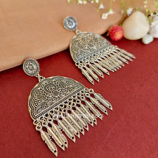 Peacock Embellished Ethnic Oxidised Silver Earrings
