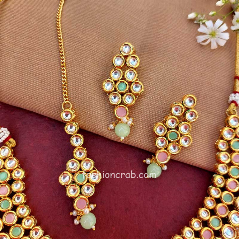 Pink Green Pearl and Kundan Jewellery Set