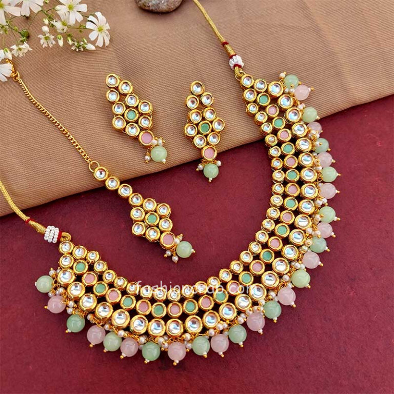Pink Green Pearl and Kundan Jewellery Set