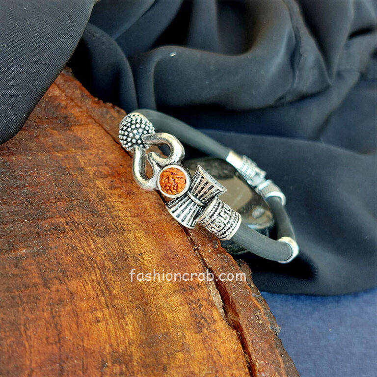 Silver Om Damru Brass Black Leather Bracelet for Men