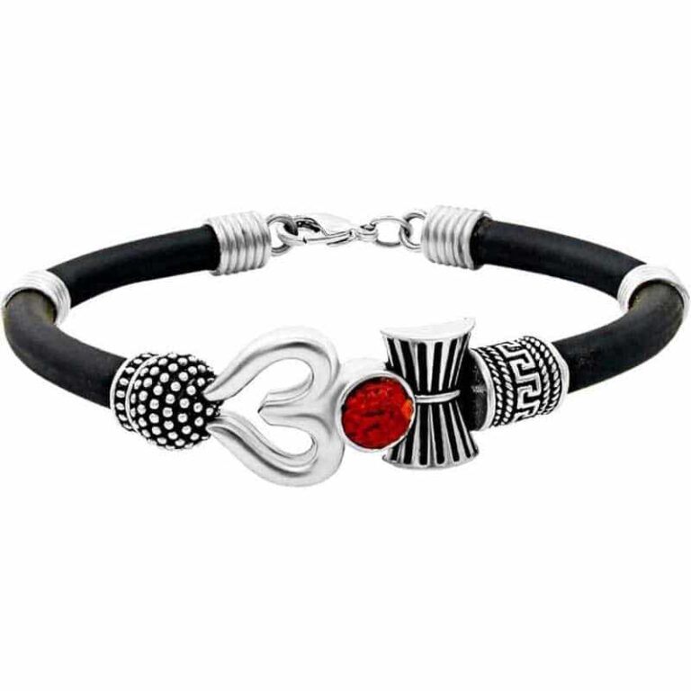 Silver Om Damru Brass Black Leather Bracelet for Men