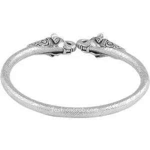 Silver Tone Brass Elephant Mens Kada Bracelet