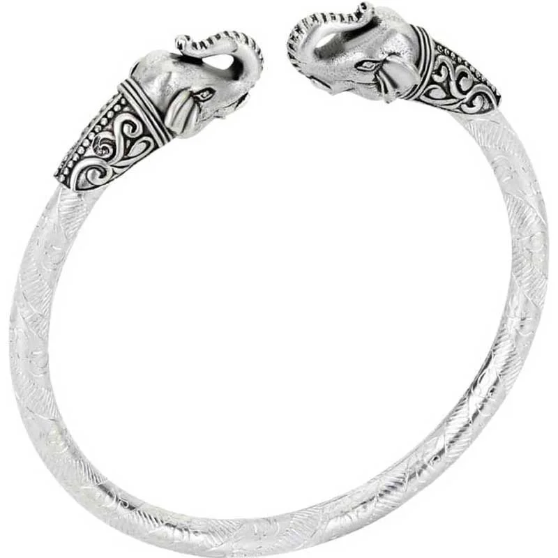 Silver Tone Brass Elephant Mens Kada Bracelet
