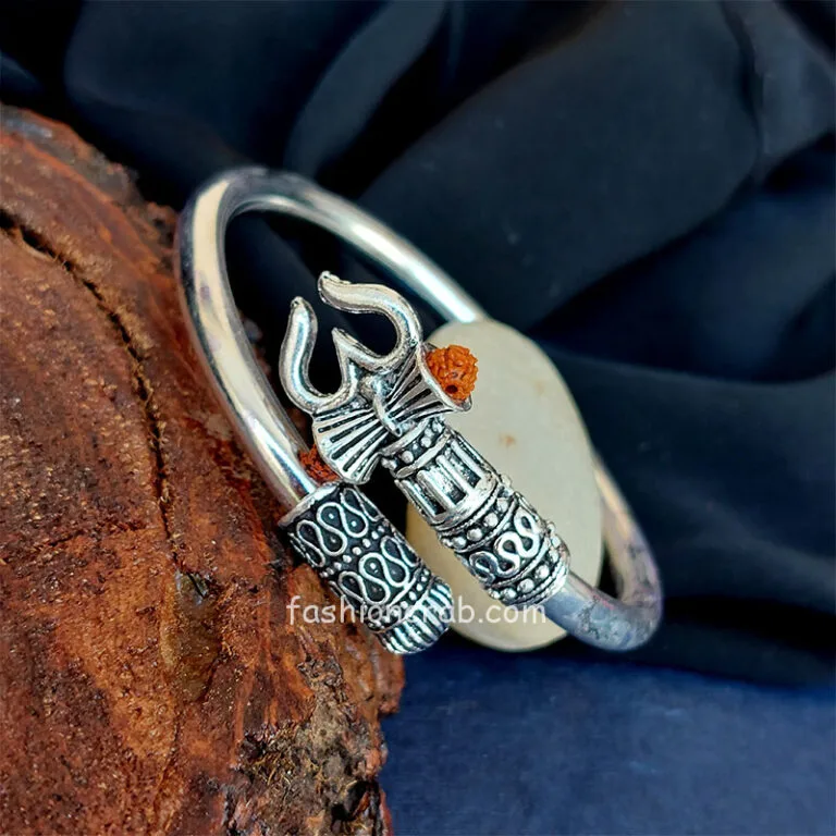 Silver Tone Brass Om Damru Kada Bracelet for Men