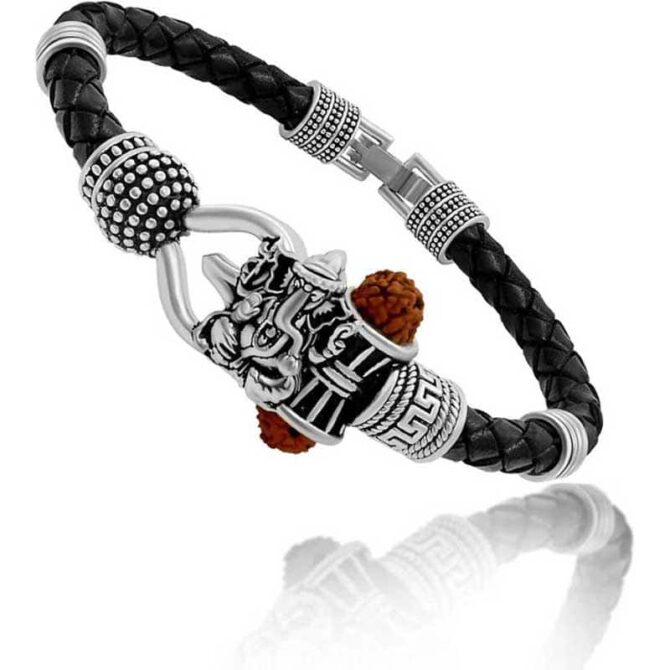 Silver Tone Om Damru Brass Ganesh Bracelet for Mens & Boys