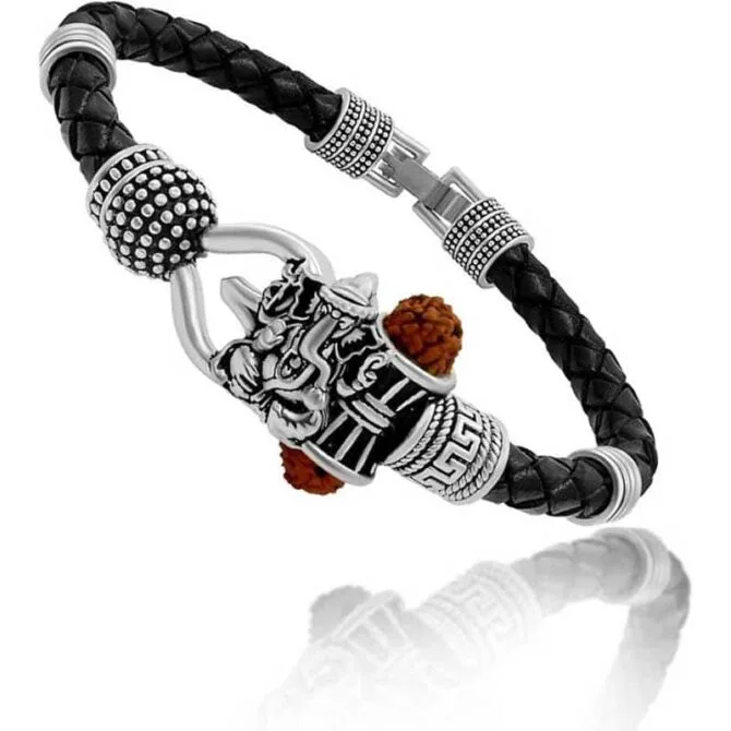 Silver Tone Om Damru Brass Ganesh Bracelet for Mens & Boys