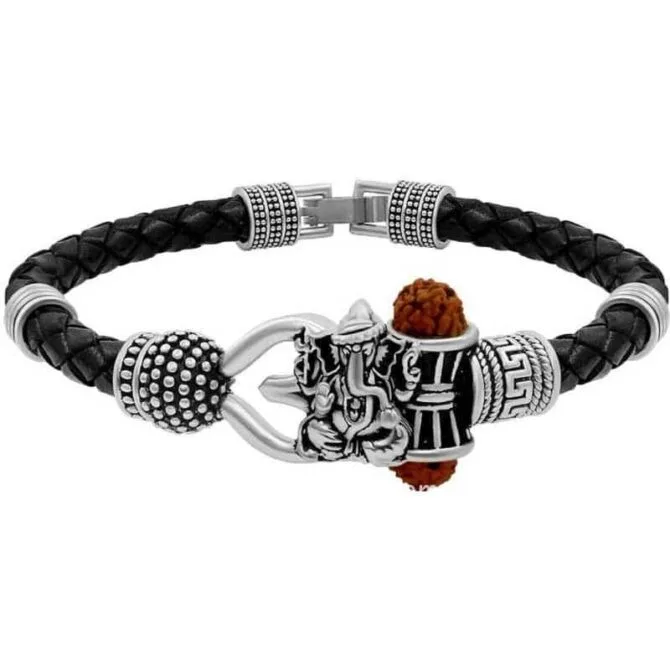 Silver Tone Om Damru Brass Ganesh Bracelet for Mens & Boys