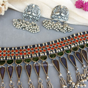 Traditional Afghani Oxidised Silver Meena Work Choker Necklace