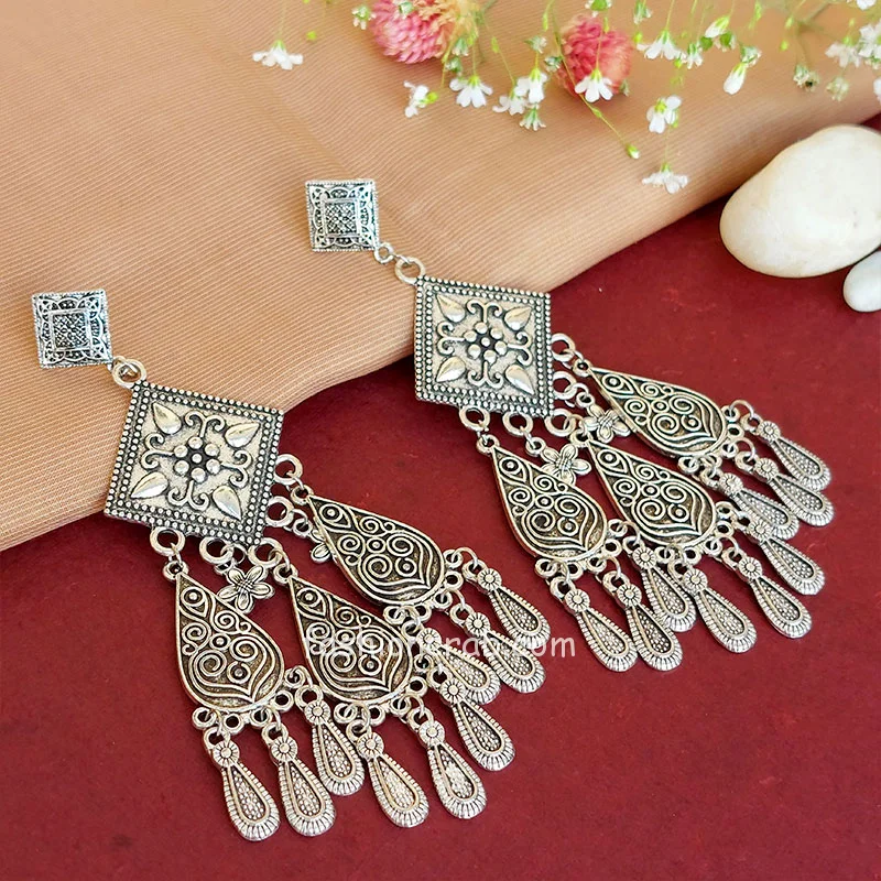 Unique Designer Big Oxidized Silver Earrings