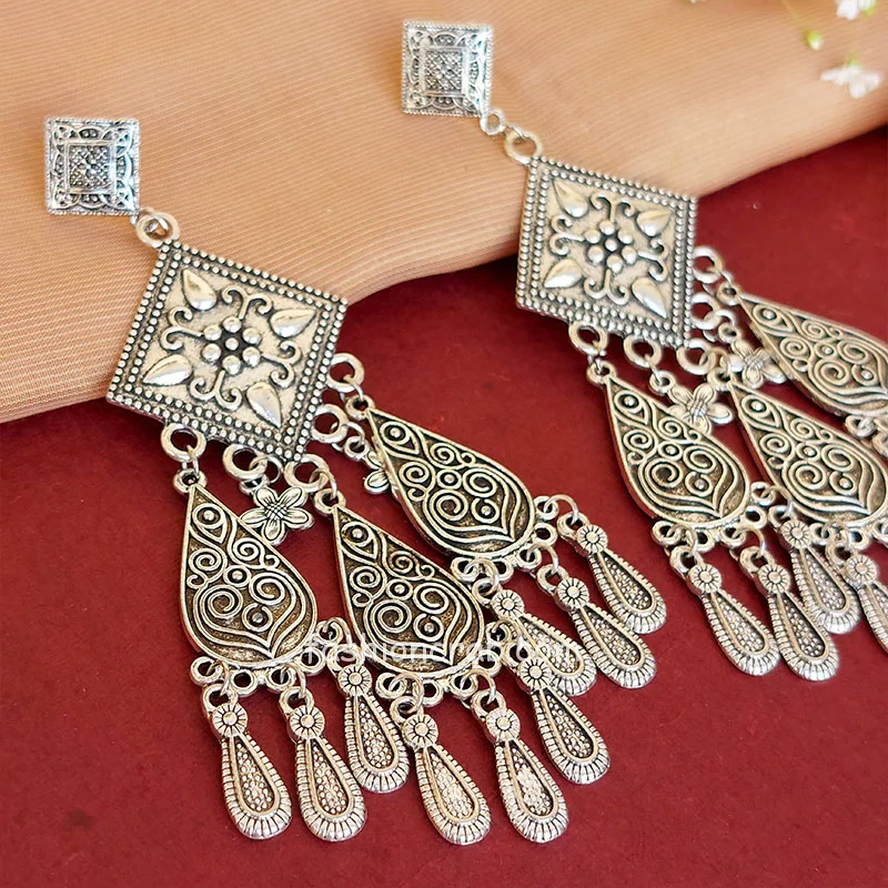 Unique Designer Big Oxidized Silver Earrings