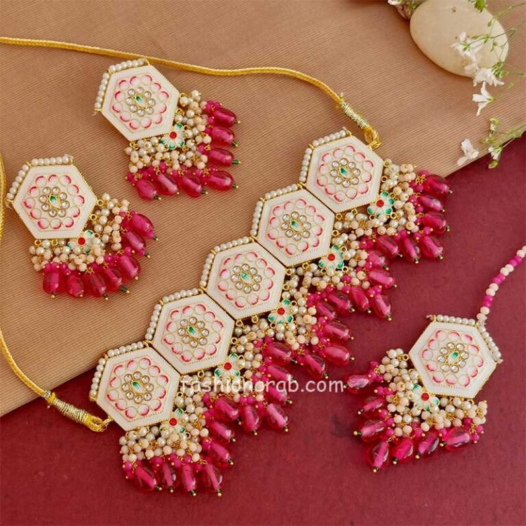 White Colour Meenakari Choker Necklace Set for Lehenga