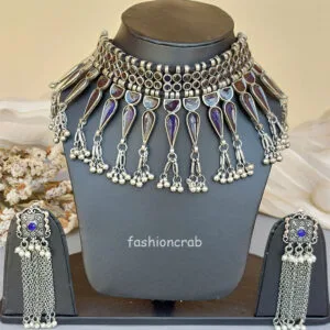 Blue Oxidised Choker Set with Earrings for Garba