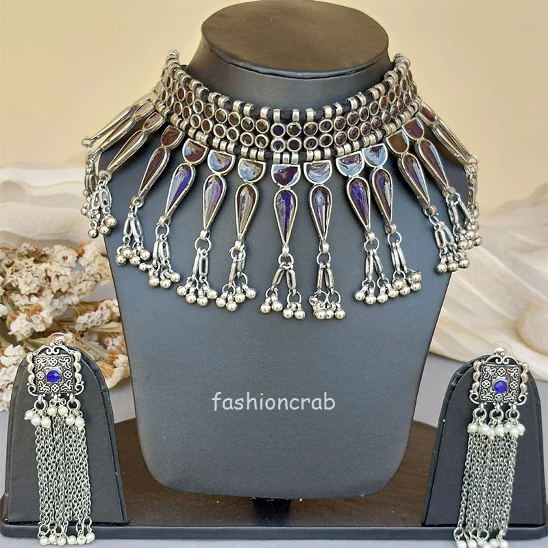 Blue Oxidised Choker Set with Earrings for Garba