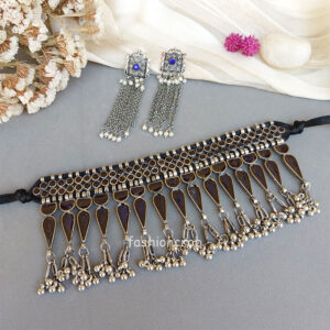 Blue Oxidised Choker Set with Earrings for Garba