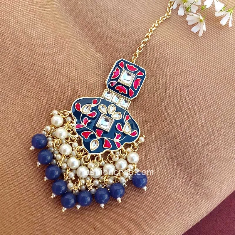 Navy Blue Meenakari Work Maang Tikka Set