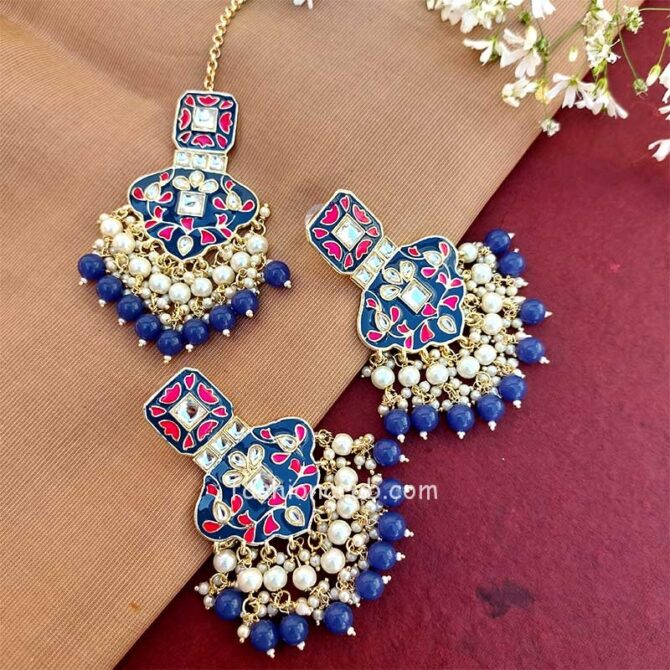 Navy Blue Meenakari Work Maang Tikka Set Navy Blue Meenakari Work Maang Tikka Set