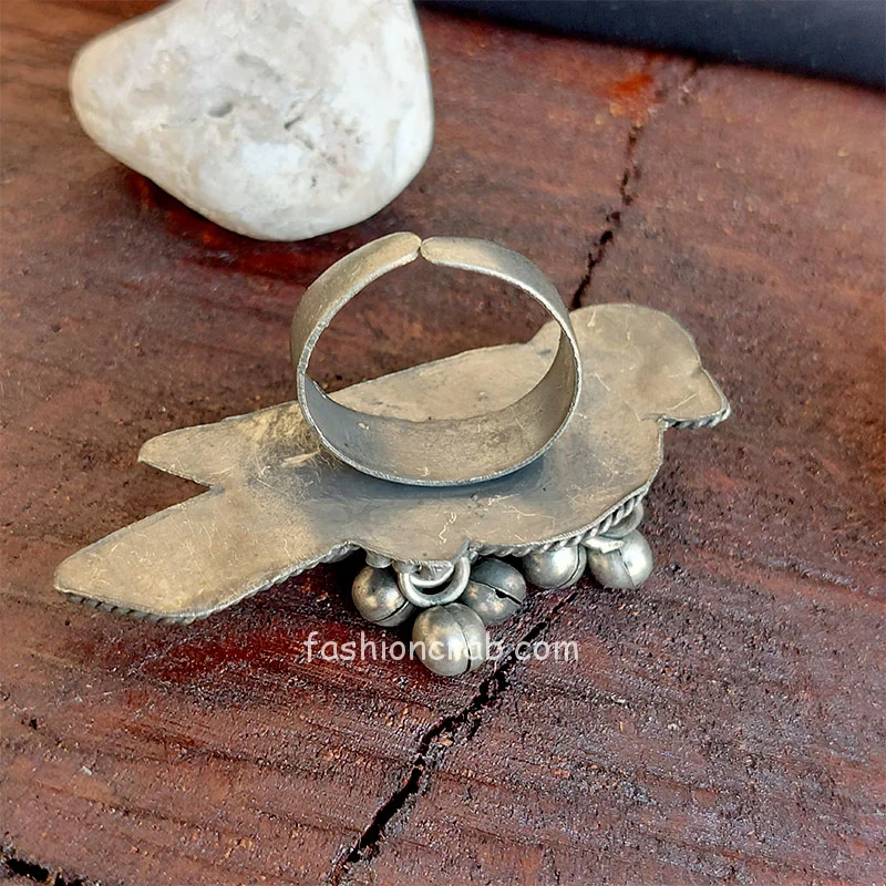 Bird Oxidised Silver Adjustable Ghungroo Finger Ring