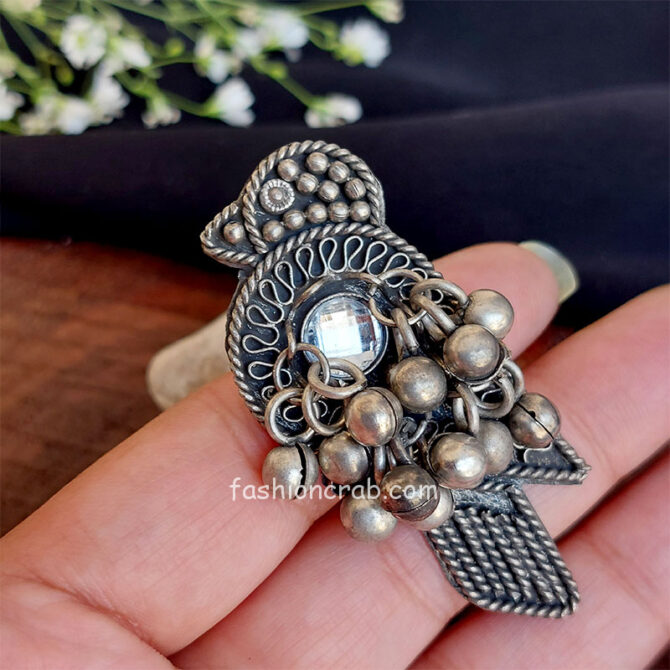 Bird Oxidised Silver Adjustable Ghungroo Finger Ring-02 Bird Oxidised Silver Adjustable Ghungroo Finger Ring