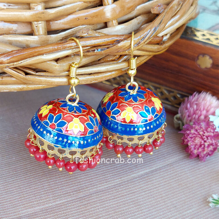 Ethnic Rajasthani Jhumka Earrings - Maroon Blue