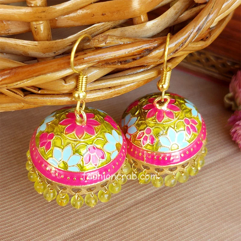 Ethnic Rajasthani Jhumka Earrings - Pink Neon Green