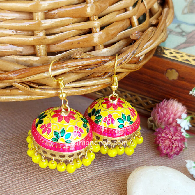Ethnic Rajasthani Jhumka Earrings - Yellow Green Ethnic Rajasthani Jhumka Earrings - Yellow Green