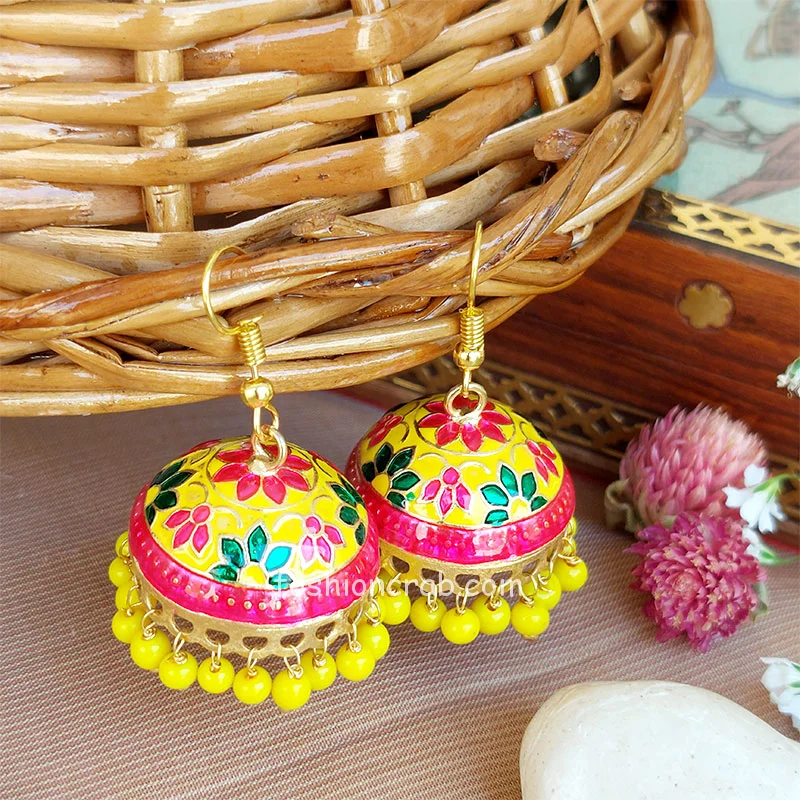 Ethnic Rajasthani Jhumka Earrings - Yellow Green