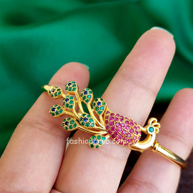 Gold Toned Cubic Zirconia Peacock Kada Bracelet