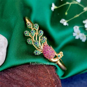 Gold Toned Cubic Zirconia Peacock Kada Bracelet