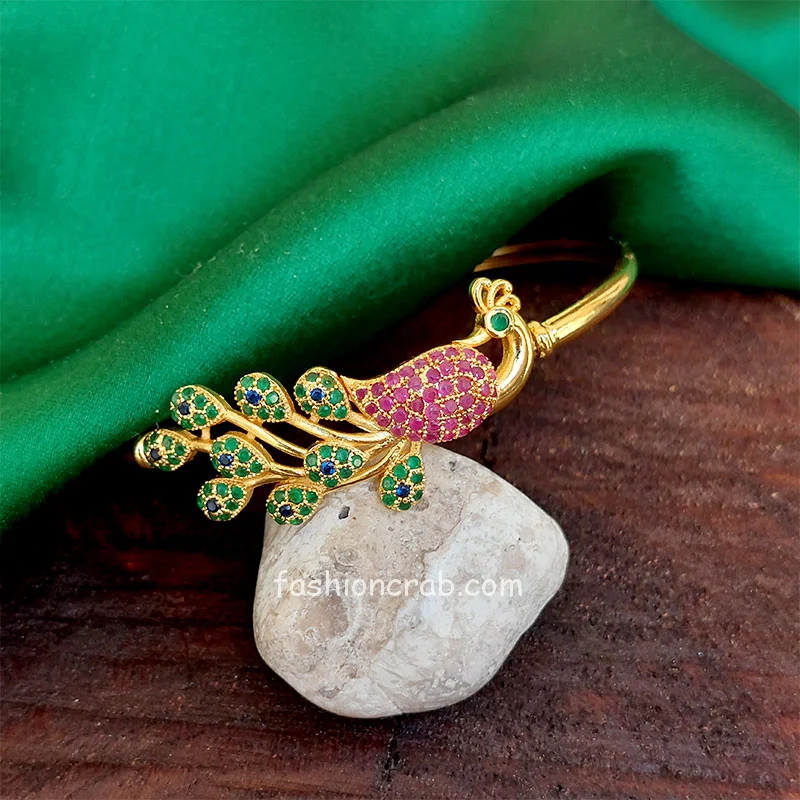 Gold Toned Cubic Zirconia Peacock Kada Bracelet