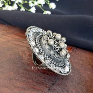 Handcrafted Oxidised Silver Adjustable Ghungroo Finger Ring