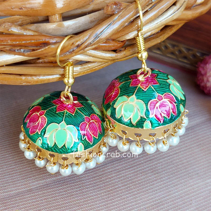 Meenakari Jaipuri Jhumka Earrings - Green