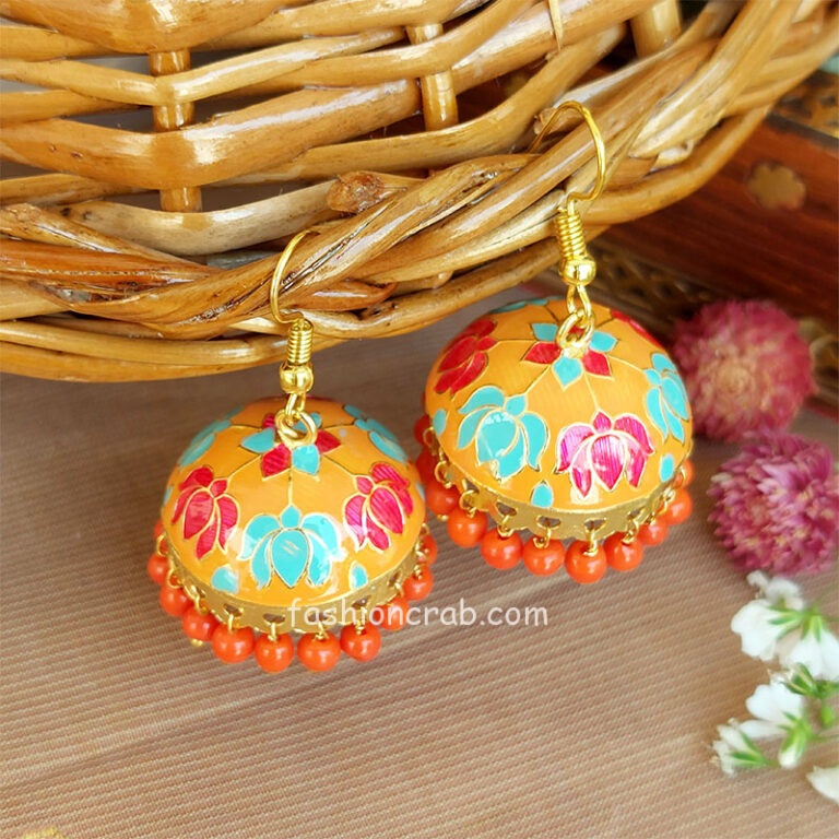 Meenakari Jaipuri Jhumka Earrings - Orange