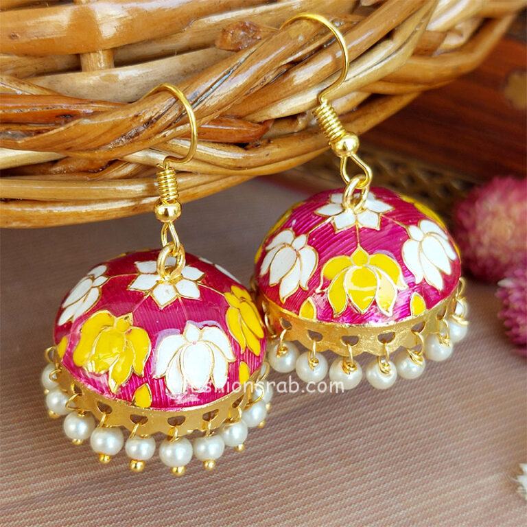 Meenakari Jaipuri Jhumka Earrings - Purple