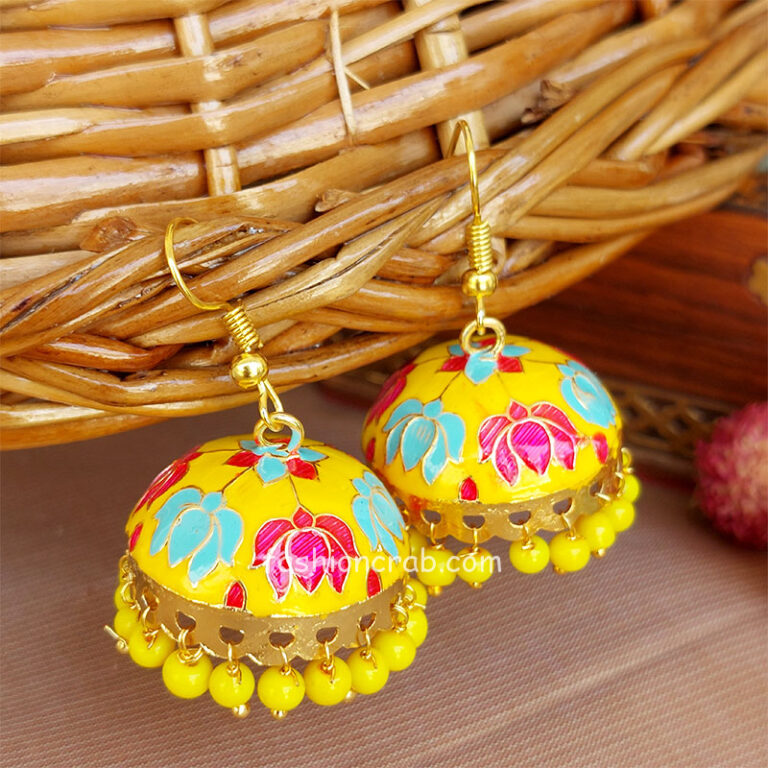 Meenakari Jaipuri Jhumka Earrings - Yellow