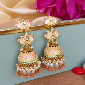 Peach Meenakari Lotus Jhumka Earring for Wedding