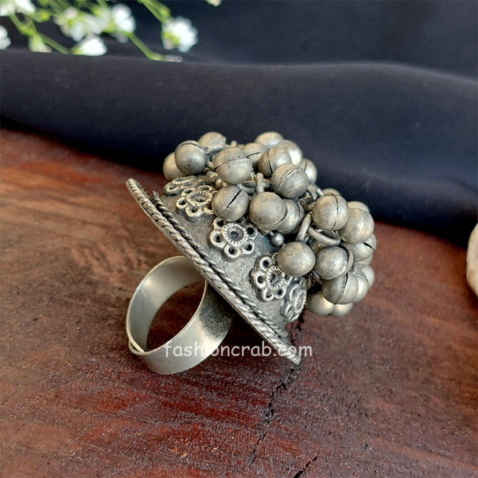 Stylish Oxidised Silver Adjustable Ghungroo Finger Ring